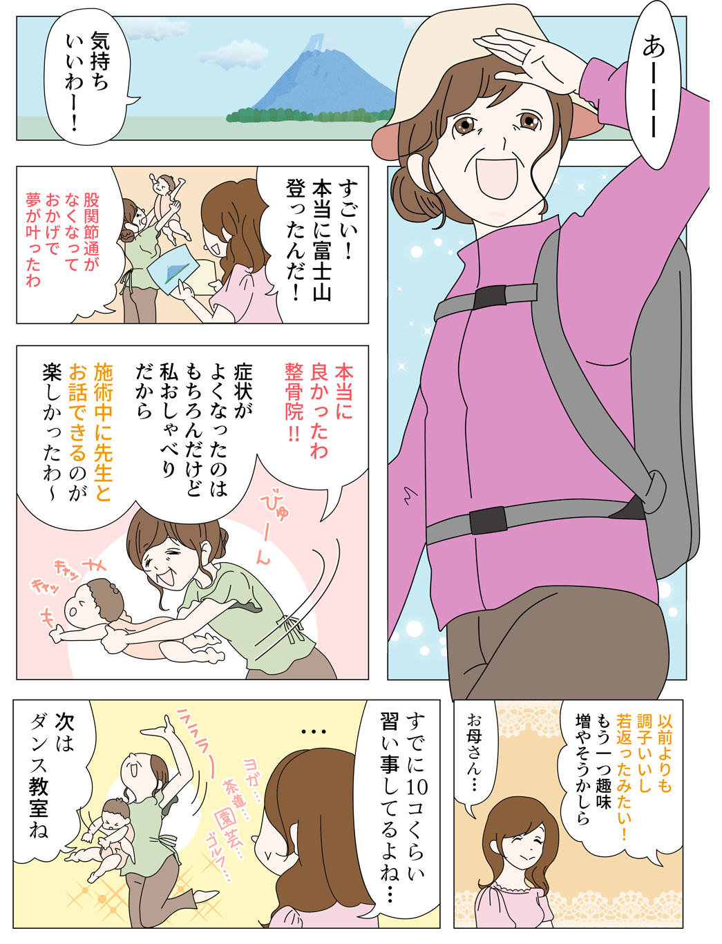 宇和島市の朝倉鍼灸整骨院で変形性股関節症が改善し、旅行を楽しむ様子のマンガ