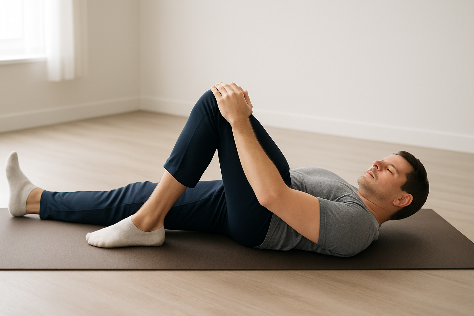 坐骨神経痛のセルフケアとして骨盤の歪みを整える体操をしている様子