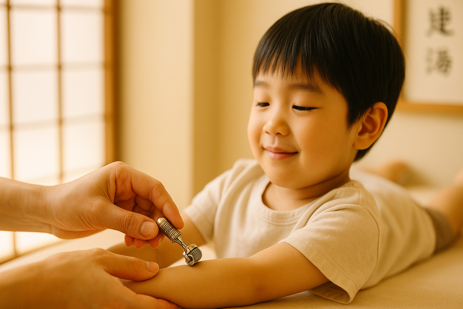 お子様に優しく触れる小児鍼（しょうにしん）の施術イメージ