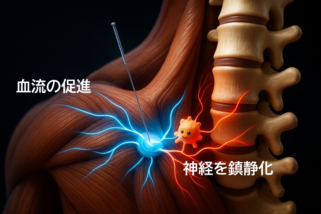 鍼治療による血流改善で発痛物質を洗い流すイメージ図