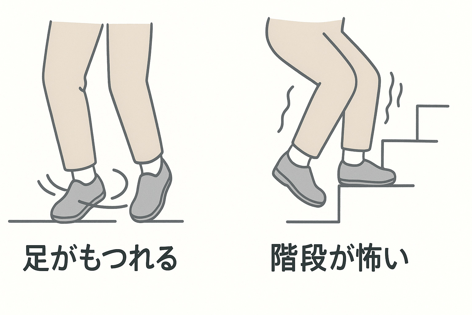 後縦靭帯骨化症の代表的な症状である歩行障害（足のもつれ・階段昇降）のイラスト