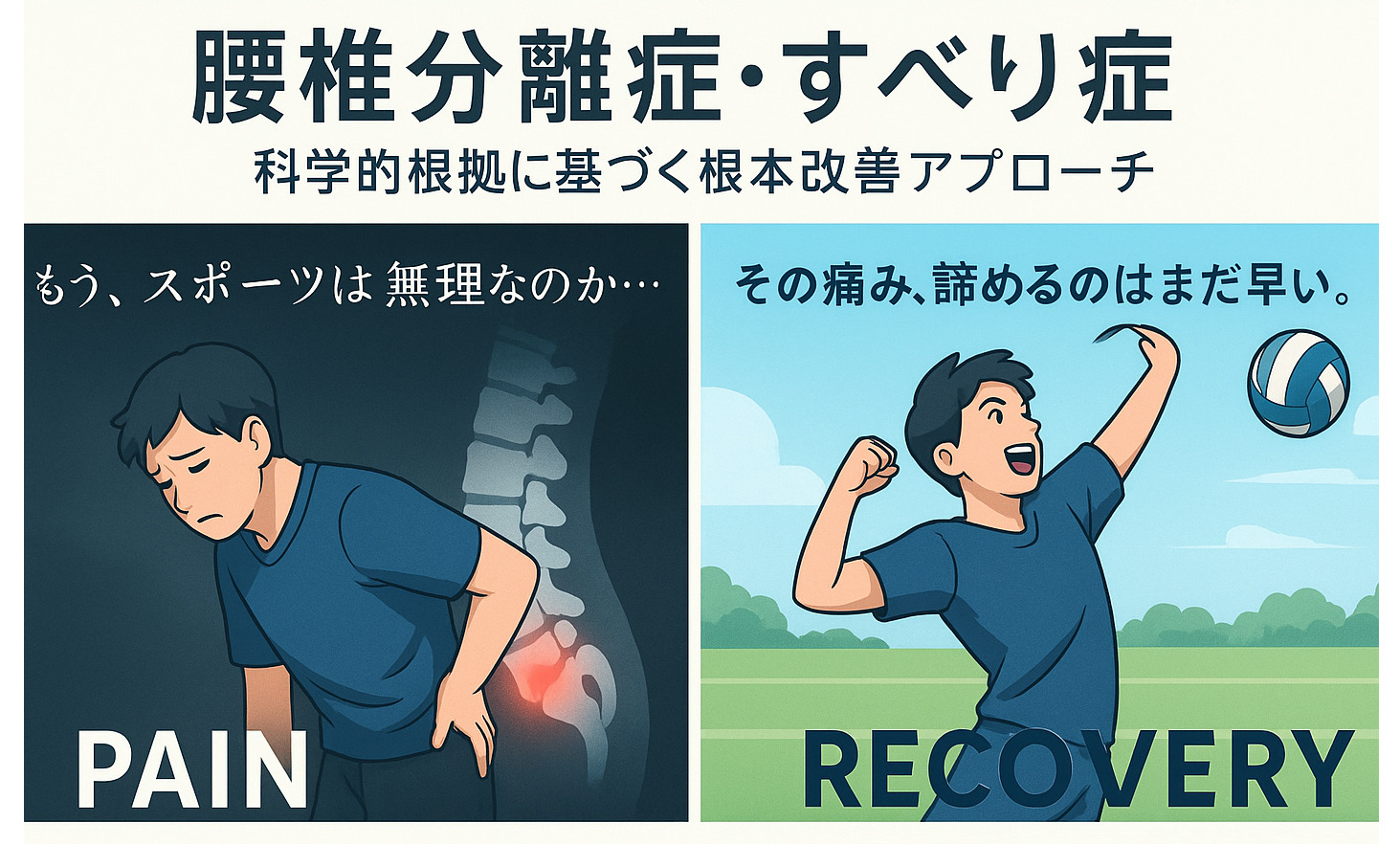 腰椎分離症の痛みに悩むアスリートが、根本改善アプローチによって競技復帰する様子を描いたイラスト。左側には「もう、スポーツは無理なのか…」と悩む姿、右側には「その痛み、諦めるのはまだ早い。」というメッセージと共にプレーを楽しむ姿が対比されている。