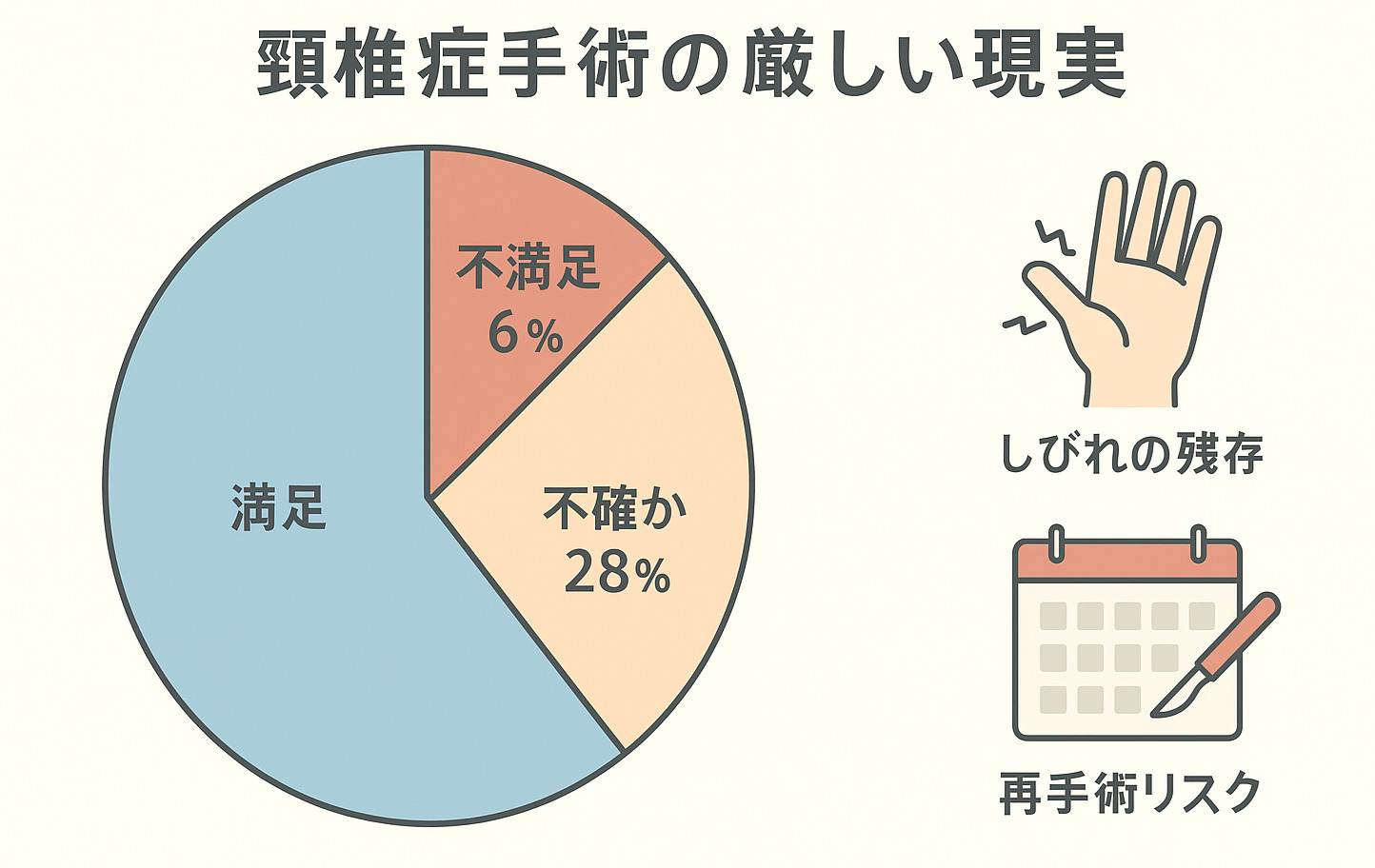 頚椎症手術の厳しい現実を示すイラスト。満足、不満足、そして多くの『不確か』な結果と、残存するしびれ、再手術のリスクをグラフで表現。
