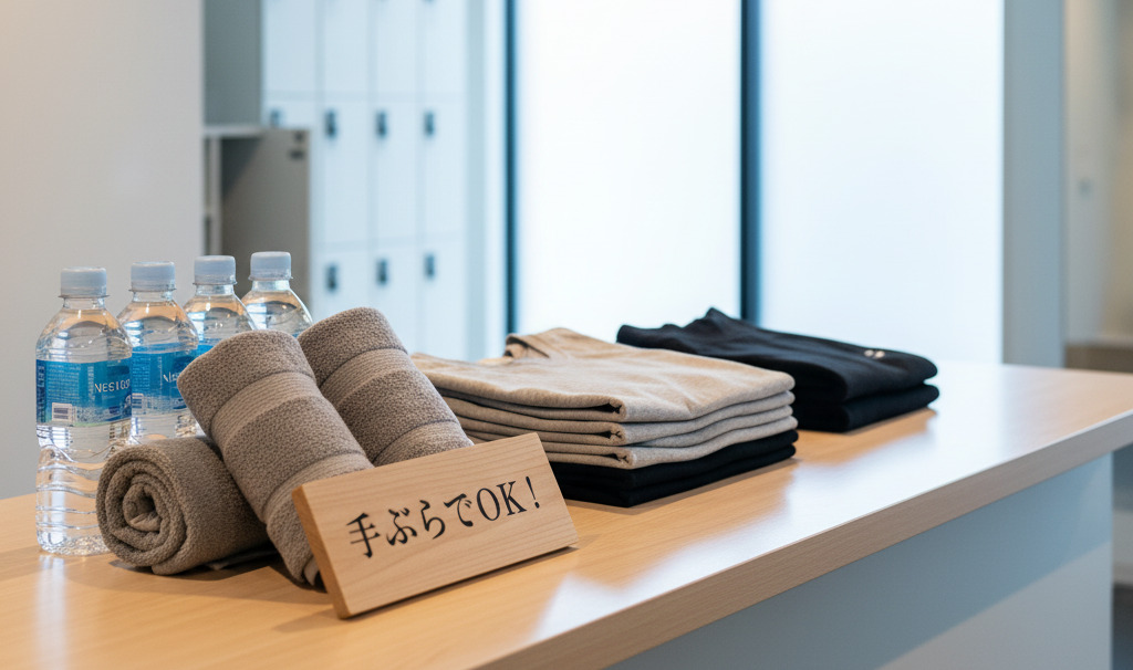 タオル、トレーニングウェア、ドリンク無料