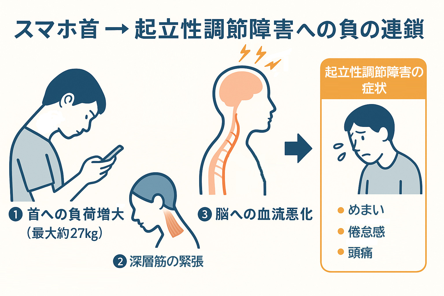 スマホ首（前方頭位姿勢）が頸椎への負荷を増大させ（最大27kg）、深層筋の緊張、血流悪化、自律神経の乱れを引き起こし、起立性調節障害の症状につながるメカニズムの図解