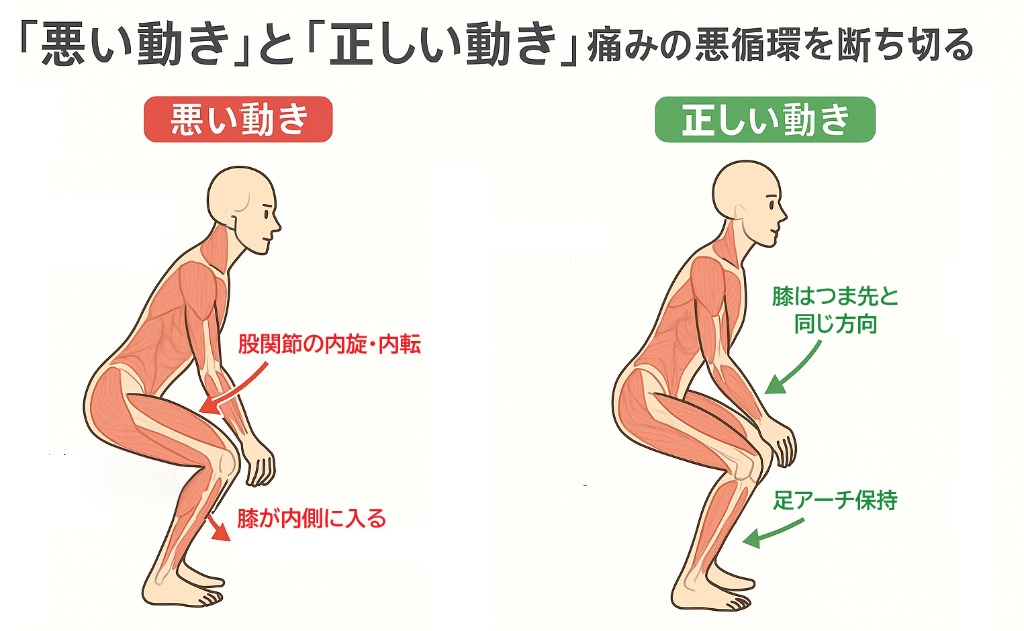 膝痛の原因となる代償動作（悪い動き：スクワット時のニーイン）と、専門的なトレーニングで習得する「正しい動き」を比較した図解。