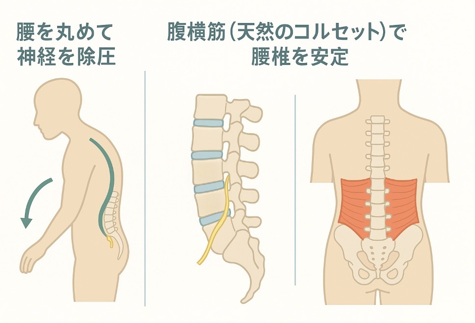 天然のコルセット（腹横筋）とお腹の深層筋（腸腰筋）が腰椎の安定と除圧に関わるイメージ図