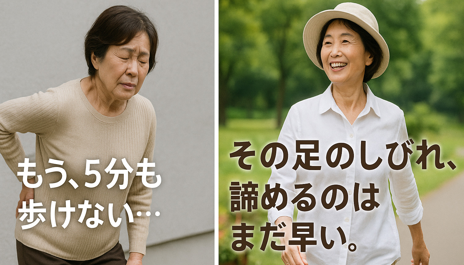 腰椎すべり症による足のしびれで5分も歩けないと悩む中高年女性が、根本改善アプローチによって痛みなく散歩を楽しめるようになる様子を描いたイラスト。左側には「もう、5分も歩けない…」と悩む姿、右側には「その足のしびれ、諦めるのはまだ早い。」というメッセージと共に笑顔の姿が対比されている。