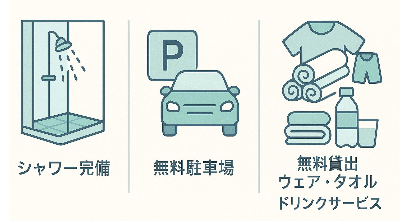 スタジオネスポの充実したアメニティ（無料ウェア・タオル・ドリンク・シャワー・駐車場）