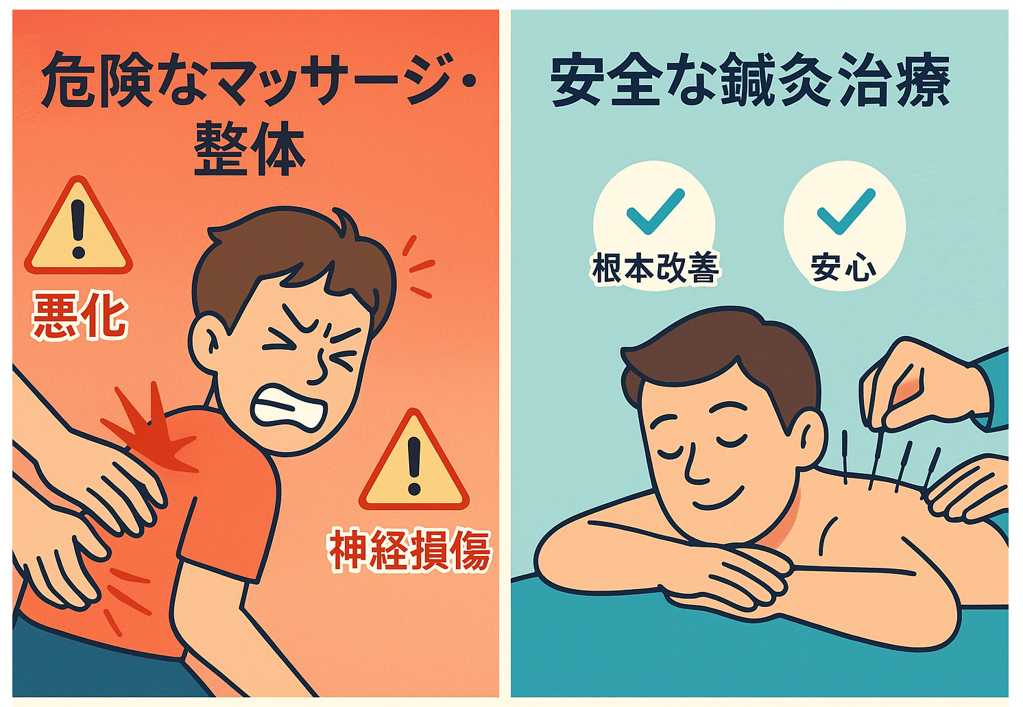 腰椎すべり症に対する危険な整体・マッサージと安全な鍼治療のアプローチの違いを比較したイラスト