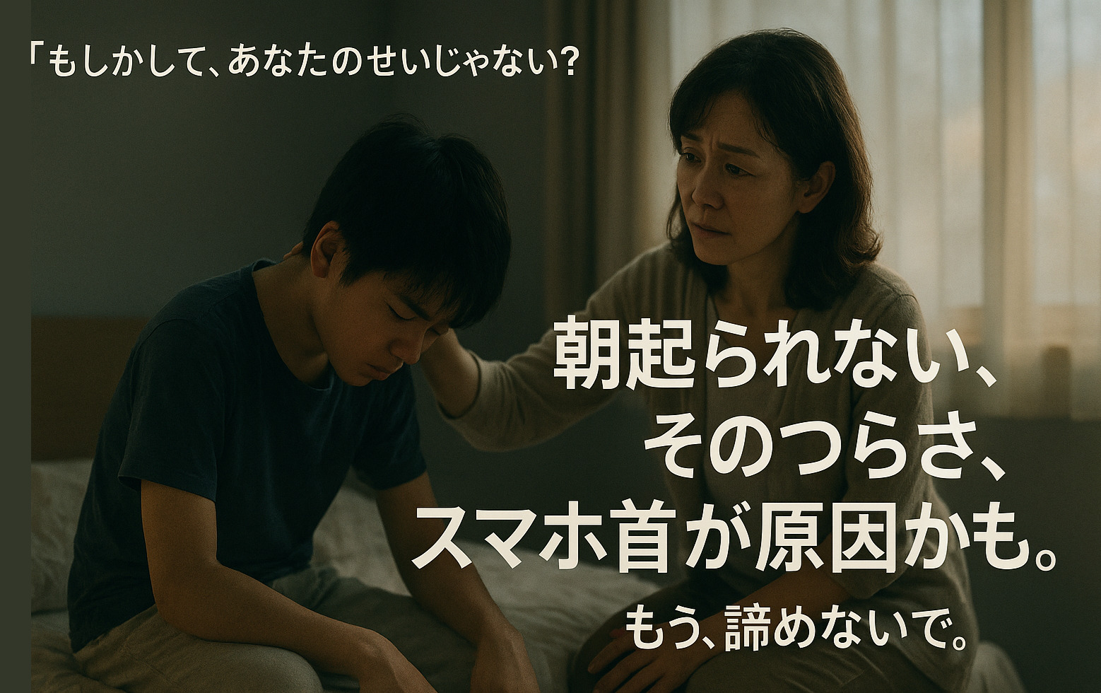 起立性調節障害で朝起き上がれない中学生と、心配そうに見守る母親。差し込む朝日に「朝起きられないそのつらさ、スマホ首が原因かも。もう、諦めないで。」のキャッチコピーが入った写真。